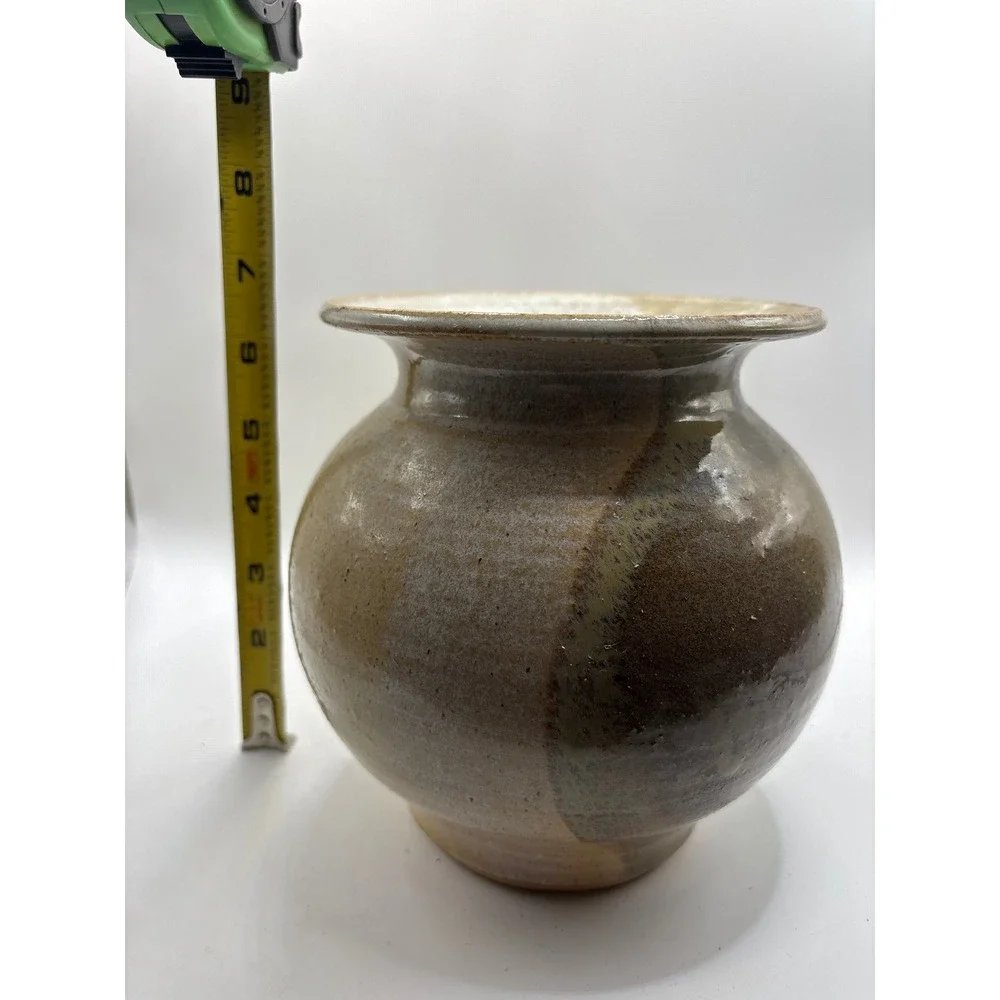 Handmade Studio Pottery Vase Earthy Glaze Round Bulbous Flared Rim 6.5 Inch